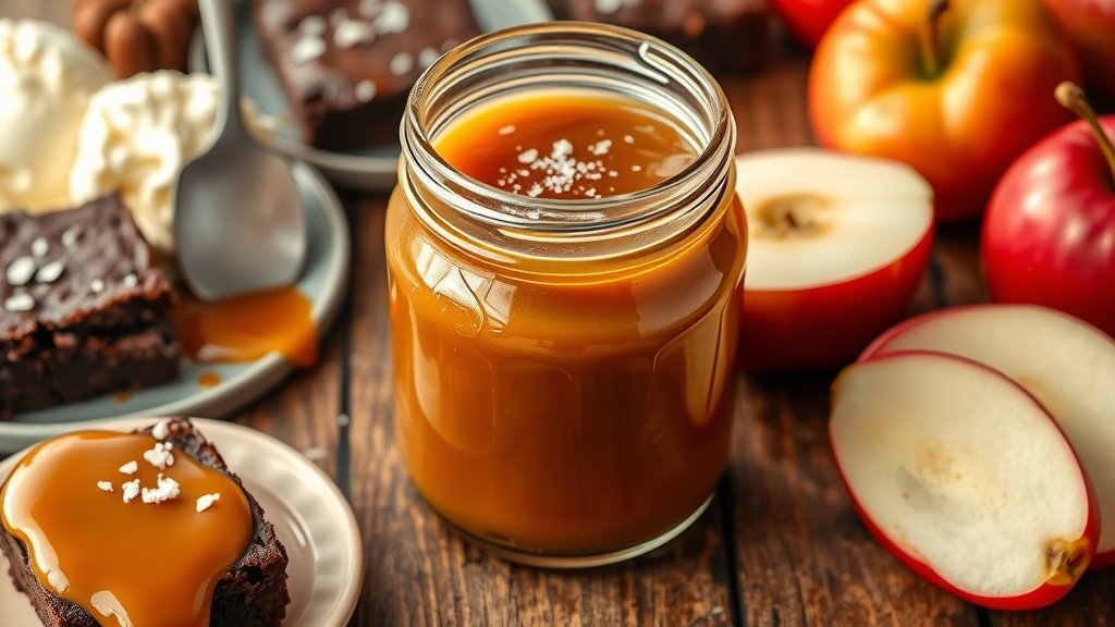 Decadent Salted Caramel Sauce Recipe A jar of salted caramel sauce with desserts like ice cream and apples on a wooden table.