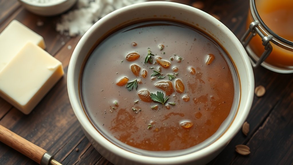 Savory Homemade Gravy Recipe A bowl of rich homemade gravy with herbs on a rustic table with ingredients.