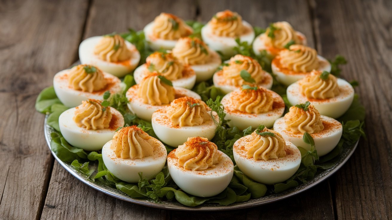 A platter of deviled eggs with smoky filling, garnished with paprika and herbs.