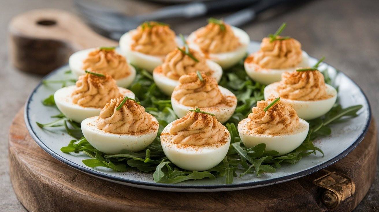A platter of smoky deviled eggs garnished with paprika and chives, ready to be served.