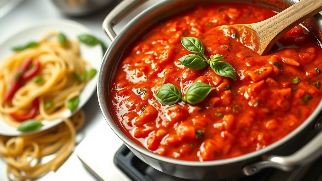 Zesty Spicy Tomato Sauce Recipe A bowl of spicy tomato sauce with basil, ready to serve over pasta.