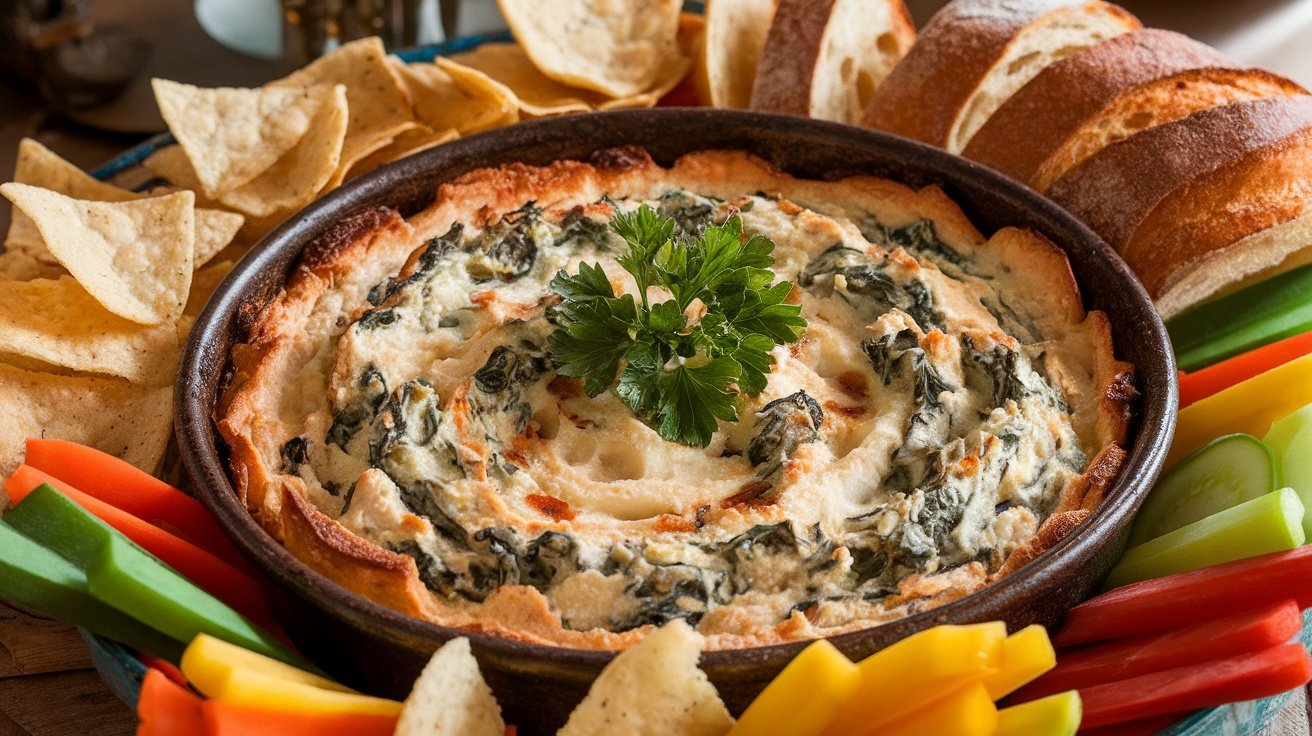 A bubbling dish of spinach and artichoke dip with tortilla chips and baguette slices for dipping.