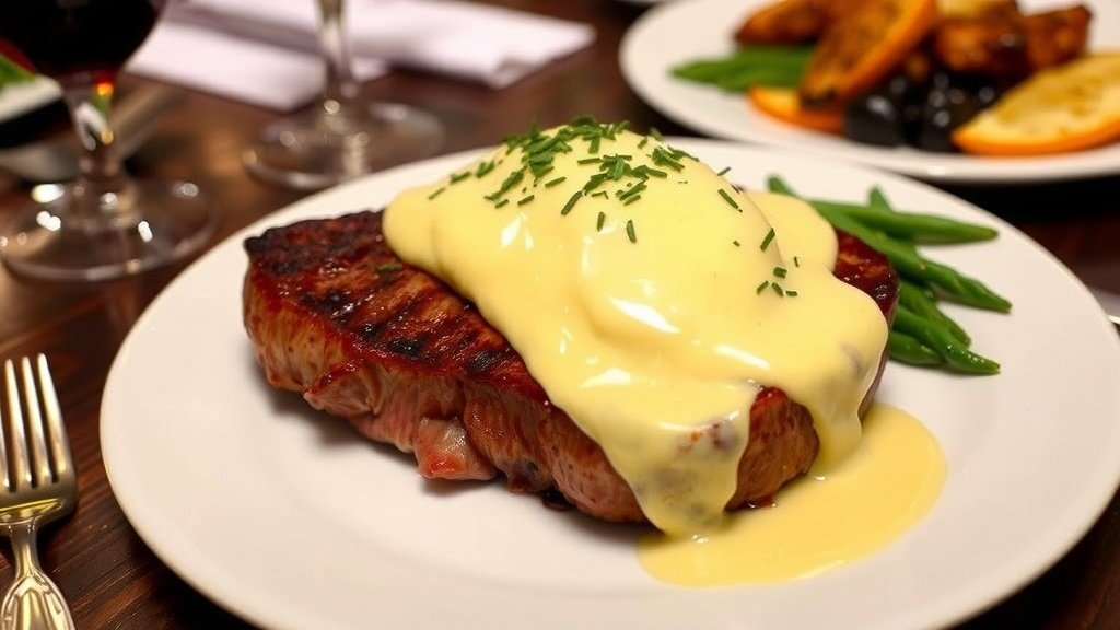 A gourmet steak drizzled with creamy hollandaise sauce, served with fresh herbs and a glass of red wine.
