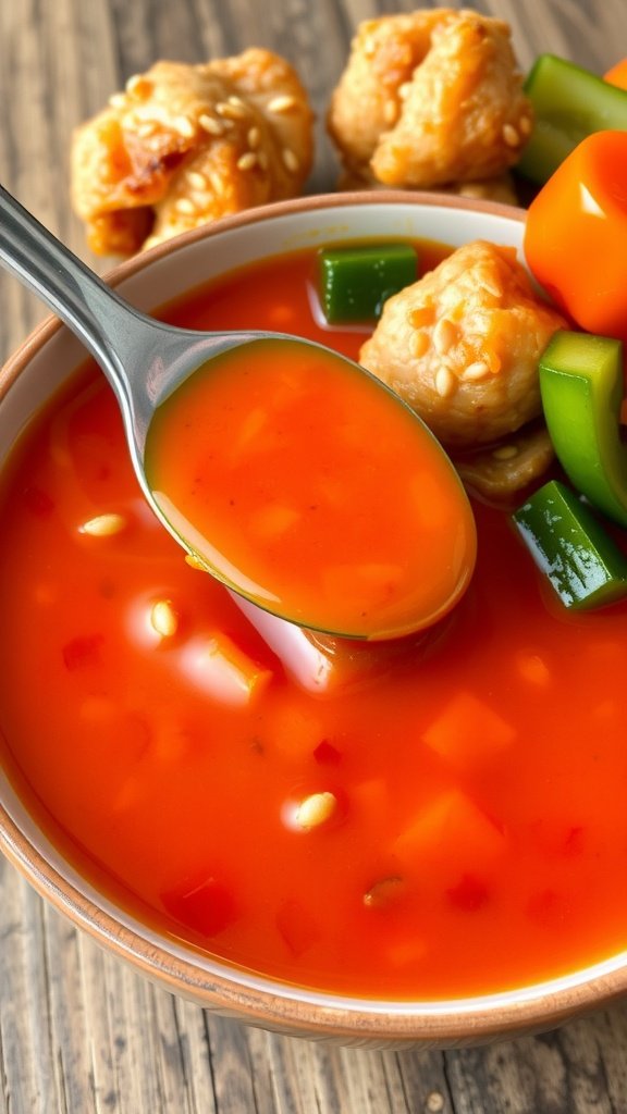 A bowl of glossy sweet and sour sauce with sesame seeds, served with crispy chicken and fresh vegetables.