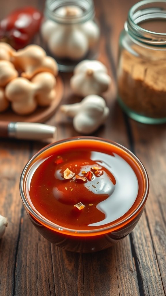 Tangy Tamarind Sauce Recipe A bowl of tamarind sauce garnished with chili flakes, with tamarind pods and garlic in the background.
