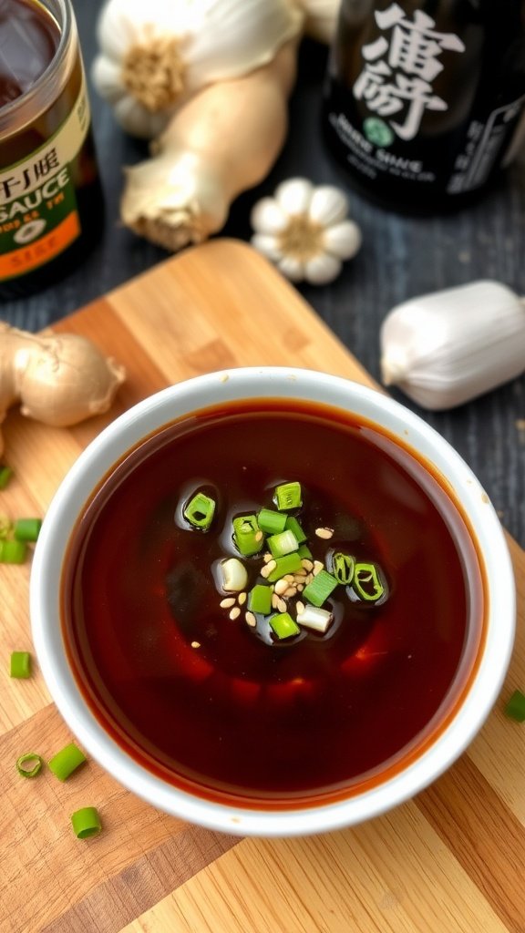 Savory Homemade Teriyaki Sauce Recipe A bowl of teriyaki sauce garnished with sesame seeds and green onions, with fresh ingredients in the background.
