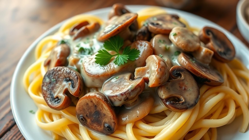 Creamy wild mushroom sauce over fettuccine, garnished with parsley on a rustic table.