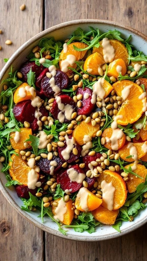 Vibrant Roasted Beet and Citrus Salad with Tahini-Maple Dressing Colorful beet and citrus salad with tahini-maple dressing, arugula, and pepitas in a bowl.
