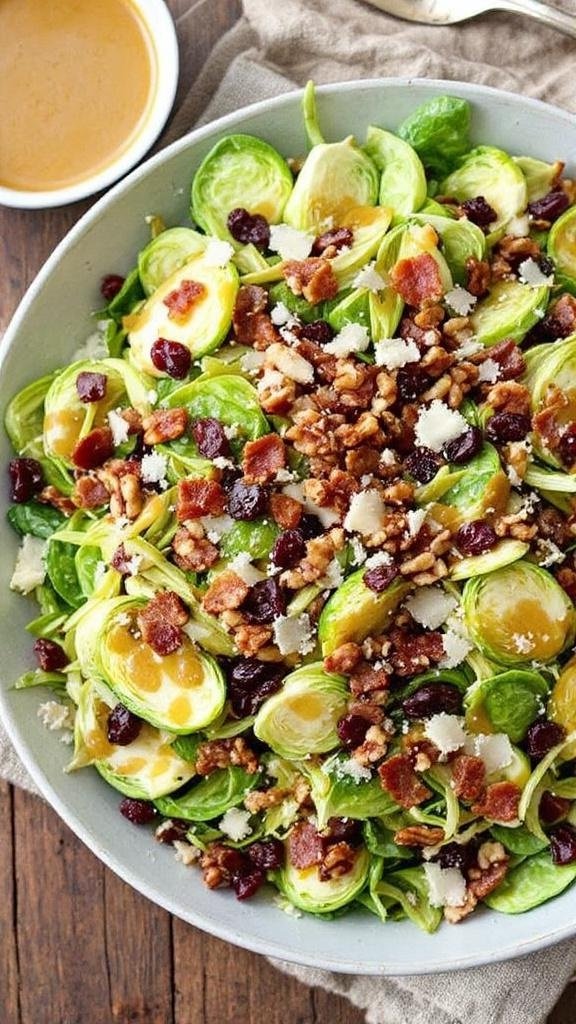A colorful shaved Brussels sprouts salad with bacon, Parmesan, cranberries, and pecans, garnished with a warm dressing on a rustic table.