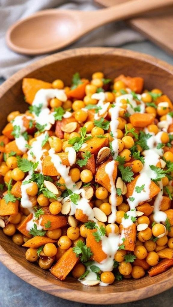 Spicy Moroccan Carrot Salad with Harissa Yogurt Dressing A colorful Moroccan carrot salad with roasted carrots, chickpeas, mint, and harissa yogurt dressing.