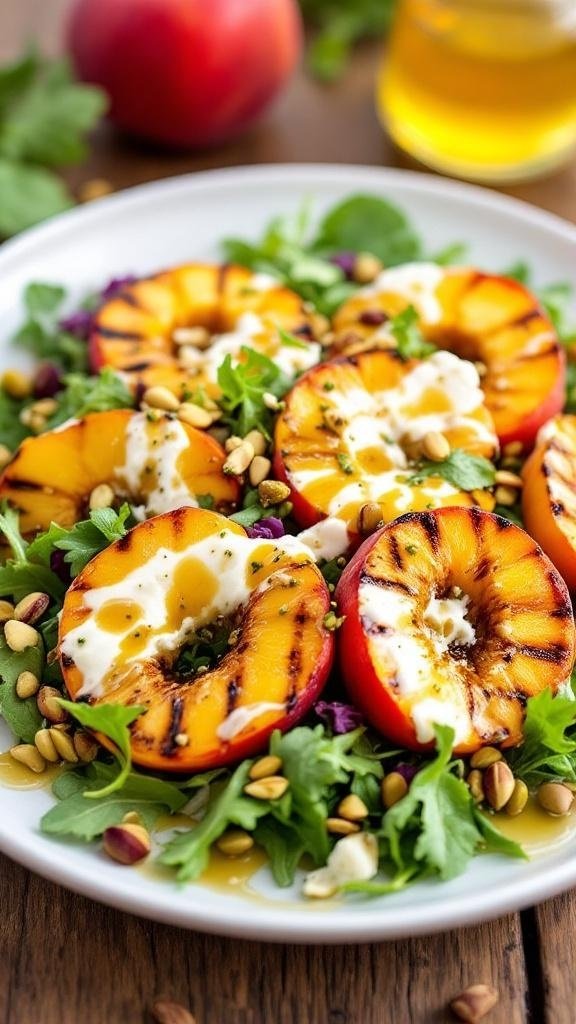Grilled Peach and Burrata Salad with Hot Honey Vinaigrette Grilled peach and burrata salad with arugula and pistachios, drizzled with hot honey vinaigrette on a rustic table.