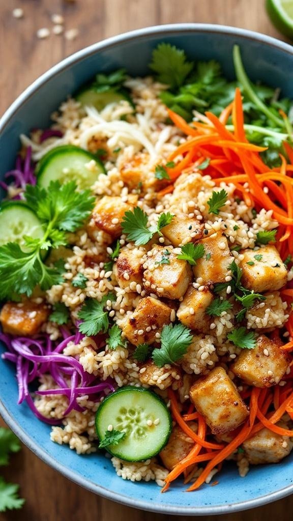 Crispy Rice and Cucumber Salad with Sweet Soy-Lime Dressing Crispy rice and cucumber salad garnished with herbs and sesame seeds in a bowl on a rustic table.