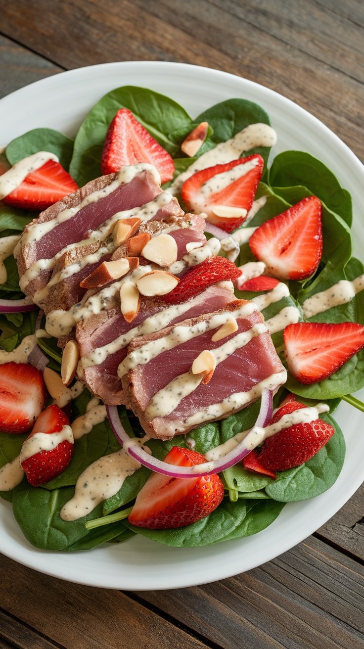 Seared Ahi Tuna and Spinach Salad with Strawberries A colorful spinach salad topped with seared ahi tuna, strawberries, and red onion, drizzled with poppyseed dressing.