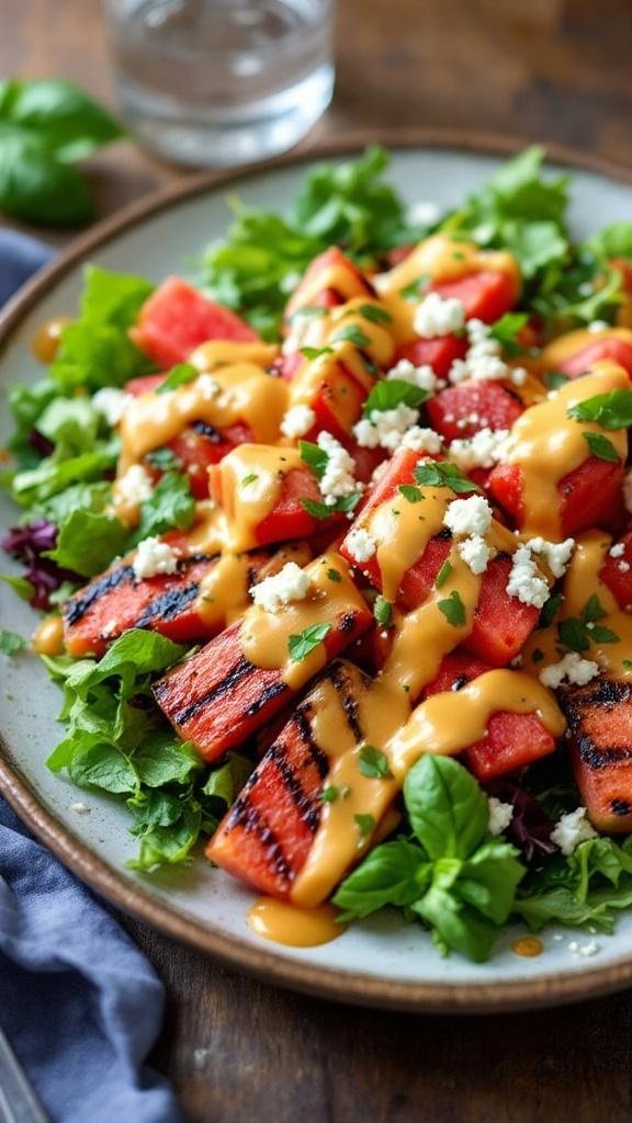 Grilled Watermelon and Feta Salad with Smokin’Ts Glaze A colorful Grilled Watermelon and Feta Salad with mixed greens, grilled watermelon, feta cheese, and a smoky glaze.