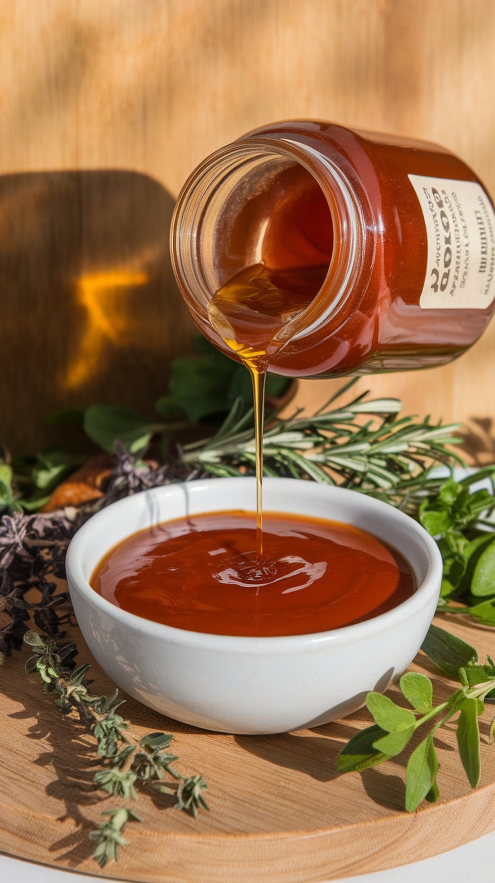A jar of honey pouring into a bowl of BBQ sauce, surrounded by fresh herbs.