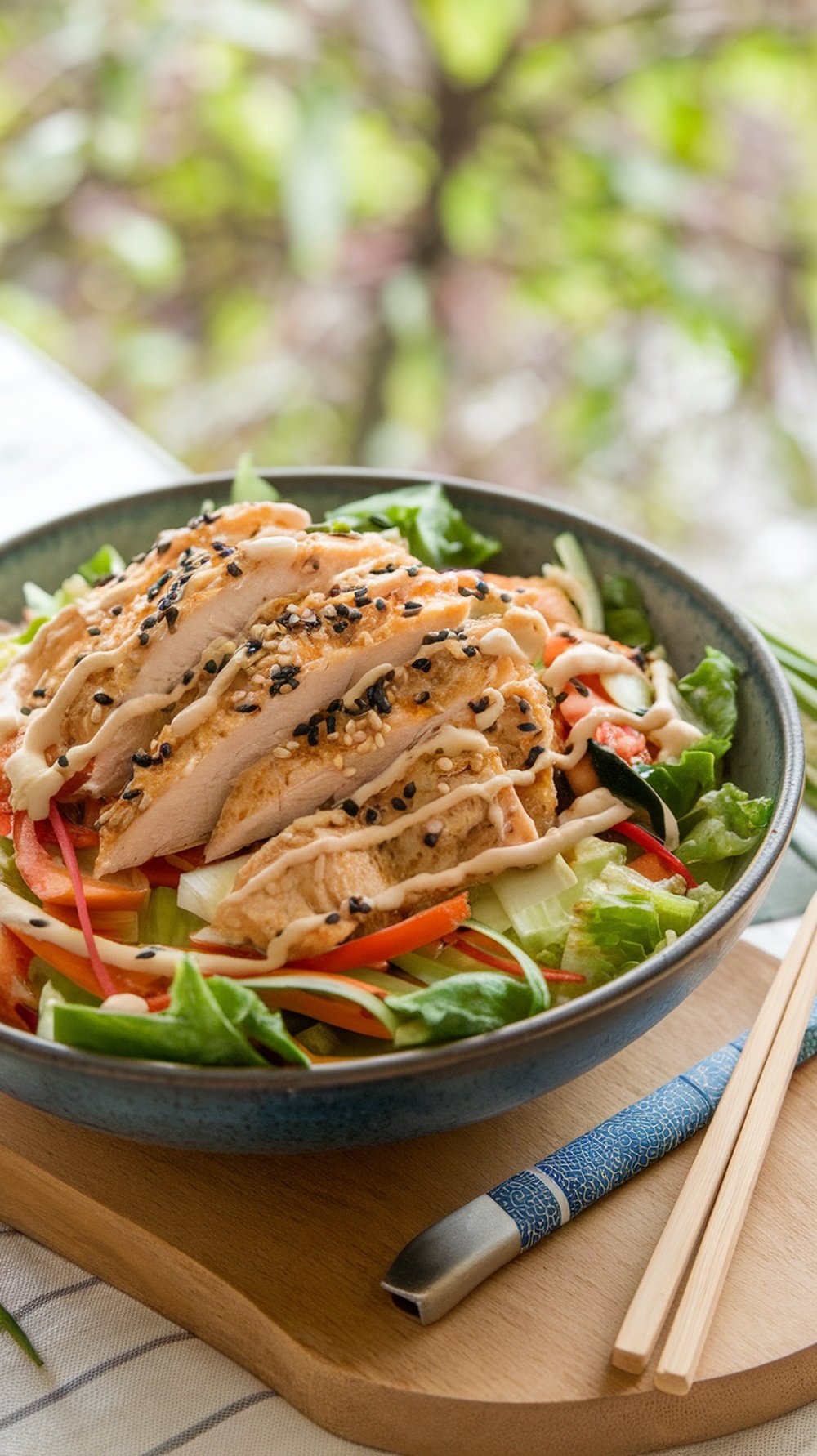 Asian Sesame Chicken Salad with grilled chicken and fresh vegetables
