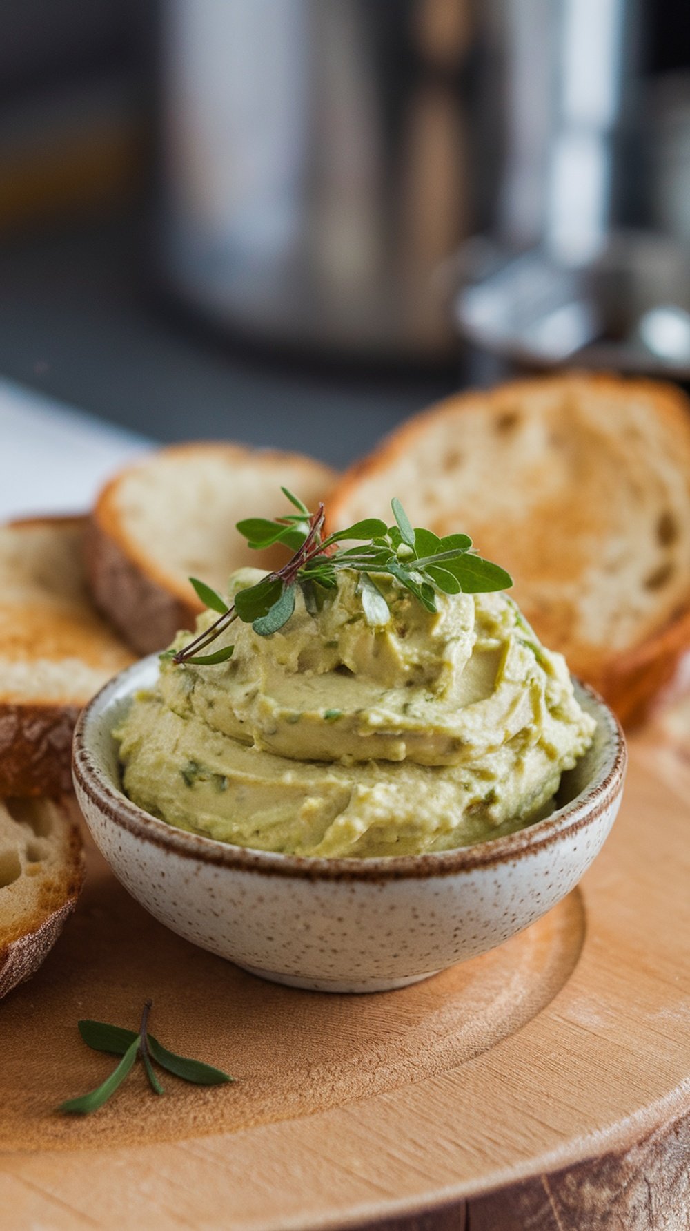 Avocado and Garlic Cream Cheese Spread in a bowl with toasted bread slices