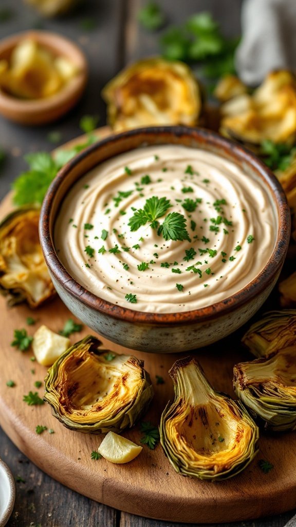 A bowl of creamy balsamic mayo dip garnished with parsley, surrounded by baked artichokes.