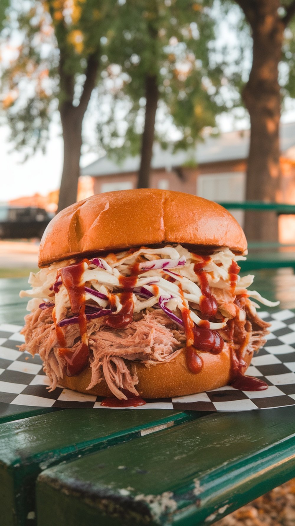 BBQ pulled pork sandwich with coleslaw on a wooden table outdoors