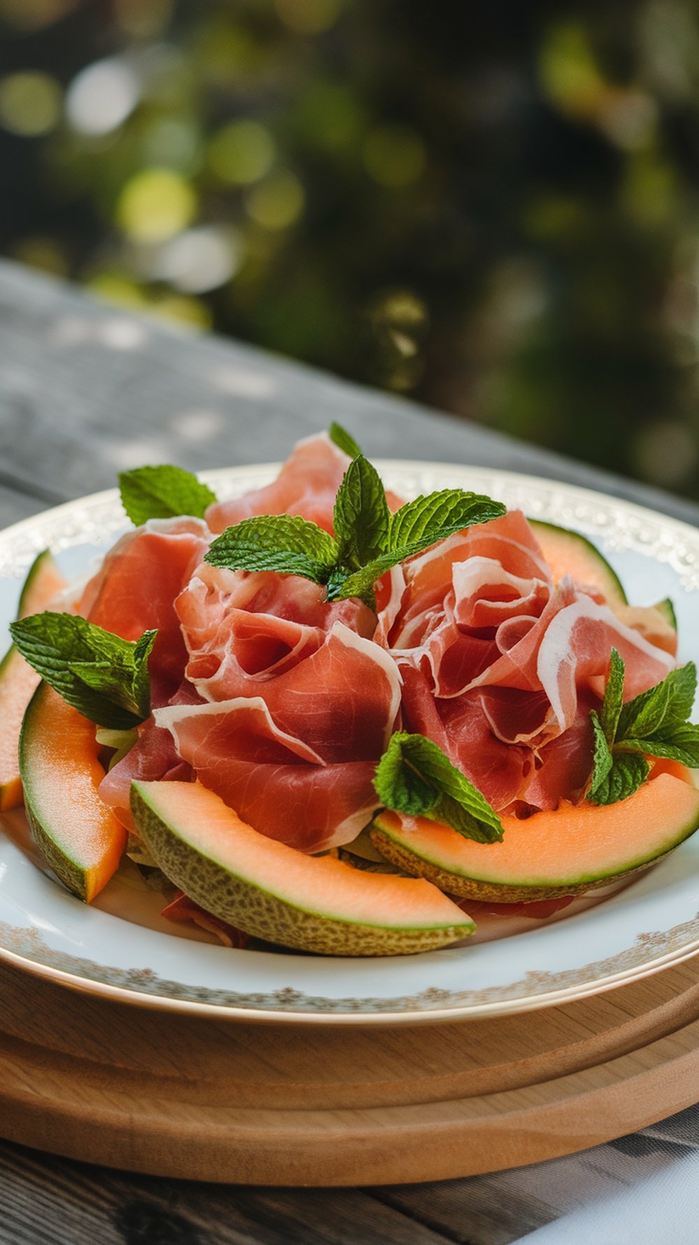A refreshing Cantaloupe and Prosciutto Salad garnished with mint leaves