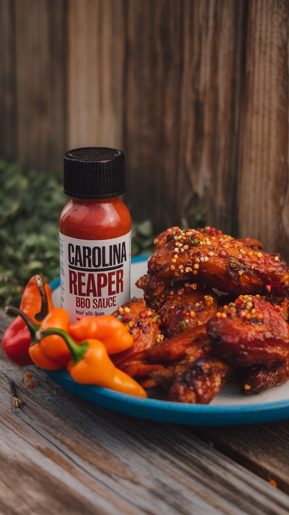 A bottle of Carolina Reaper BBQ sauce beside spicy chicken wings.