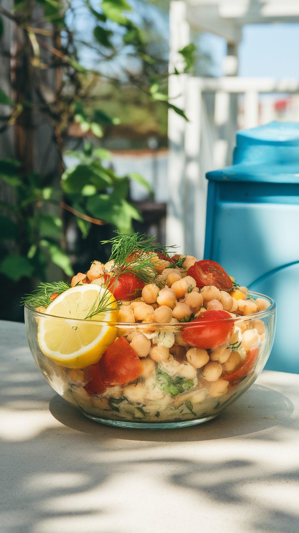 Chickpea salad garnished with lemon slices and fresh dill.