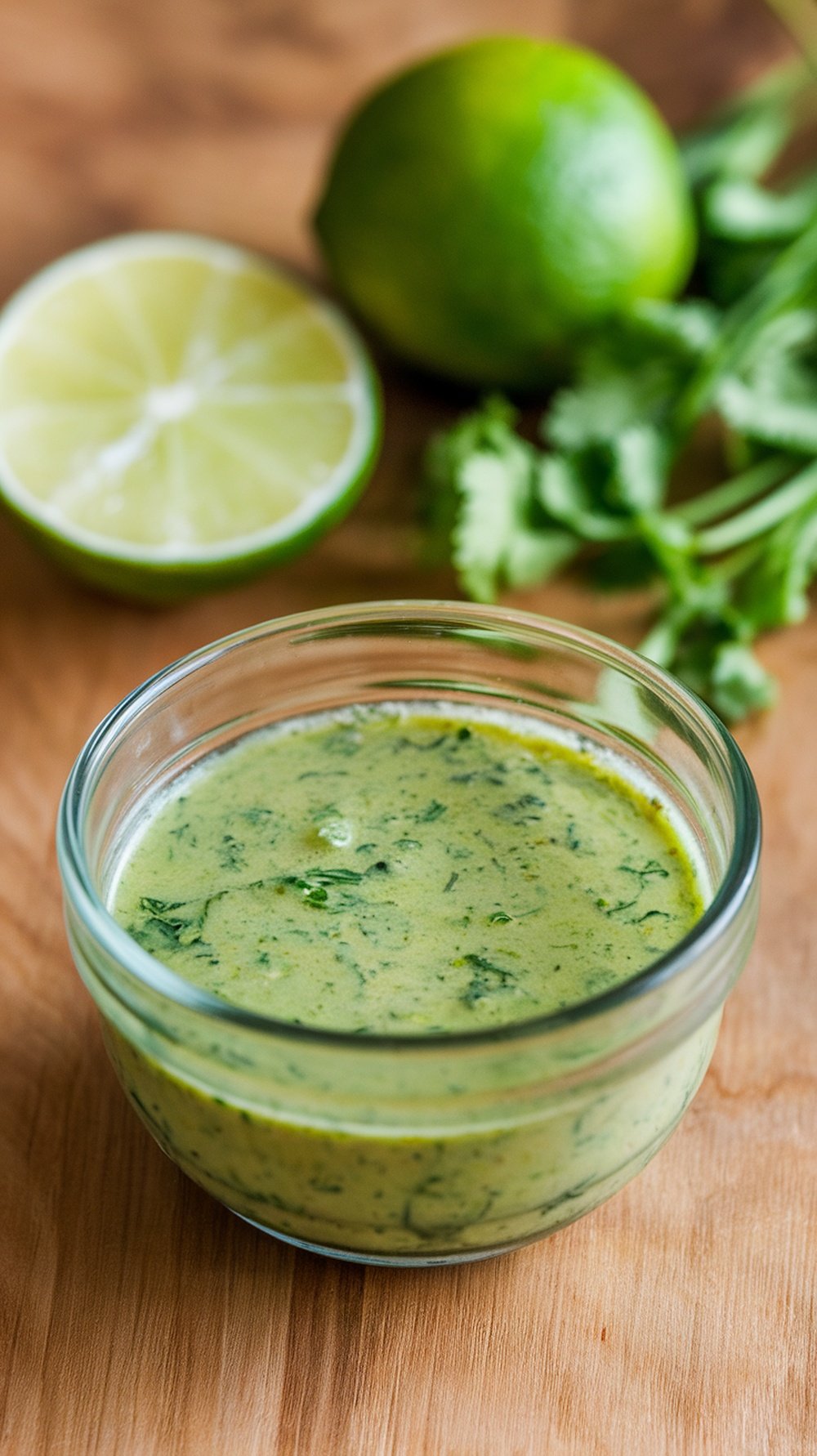 A small jar of cilantro lime dressing with fresh limes and cilantro beside it.