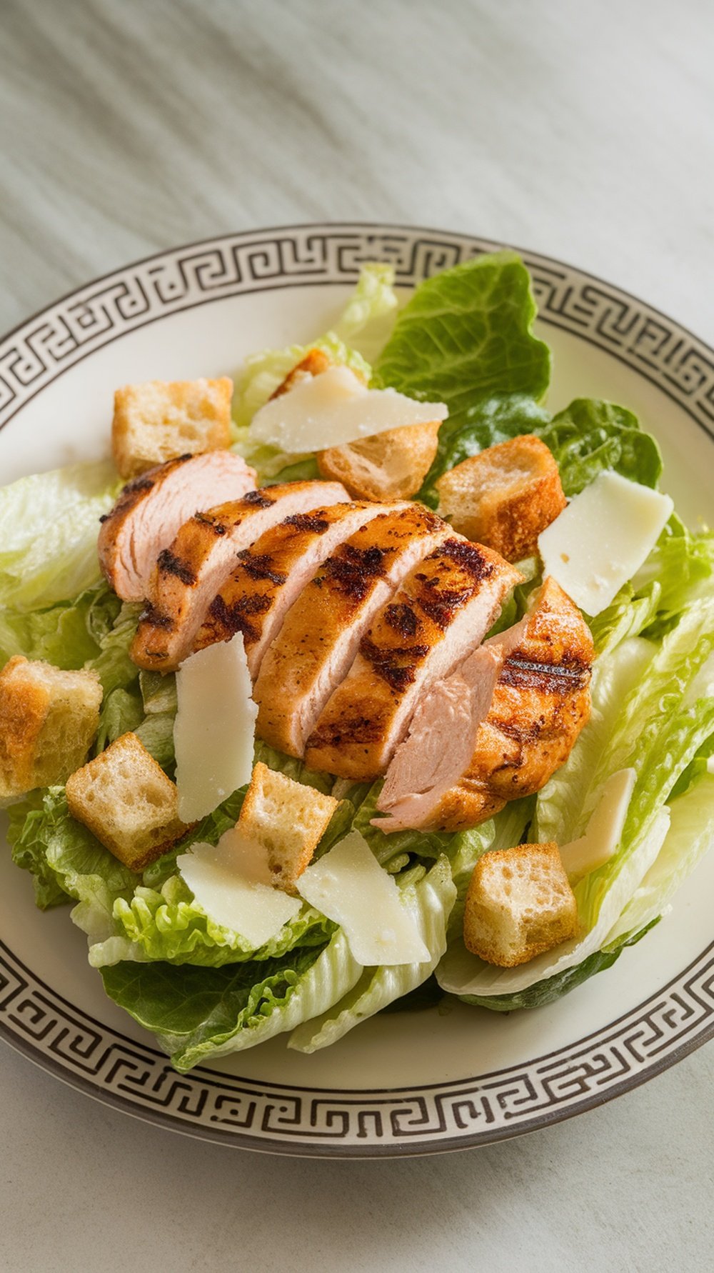 A delicious Classic Caesar Salad featuring grilled chicken, romaine lettuce, croutons, and Parmesan cheese.