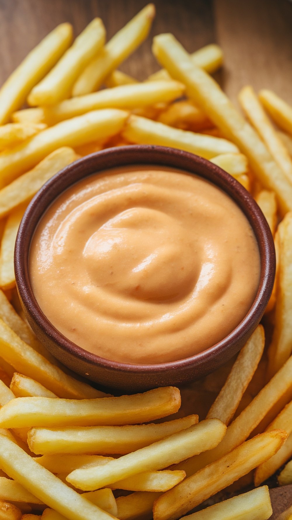 A creamy cheese sauce in a bowl surrounded by golden French fries.