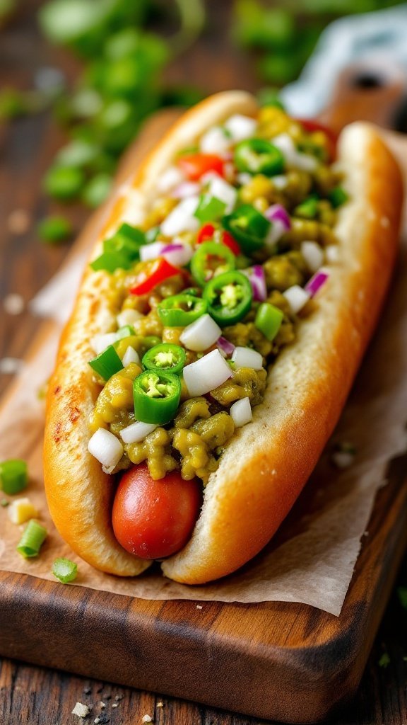 A delicious Chicago-style hot dog topped with vibrant relish, peppers, and onions.