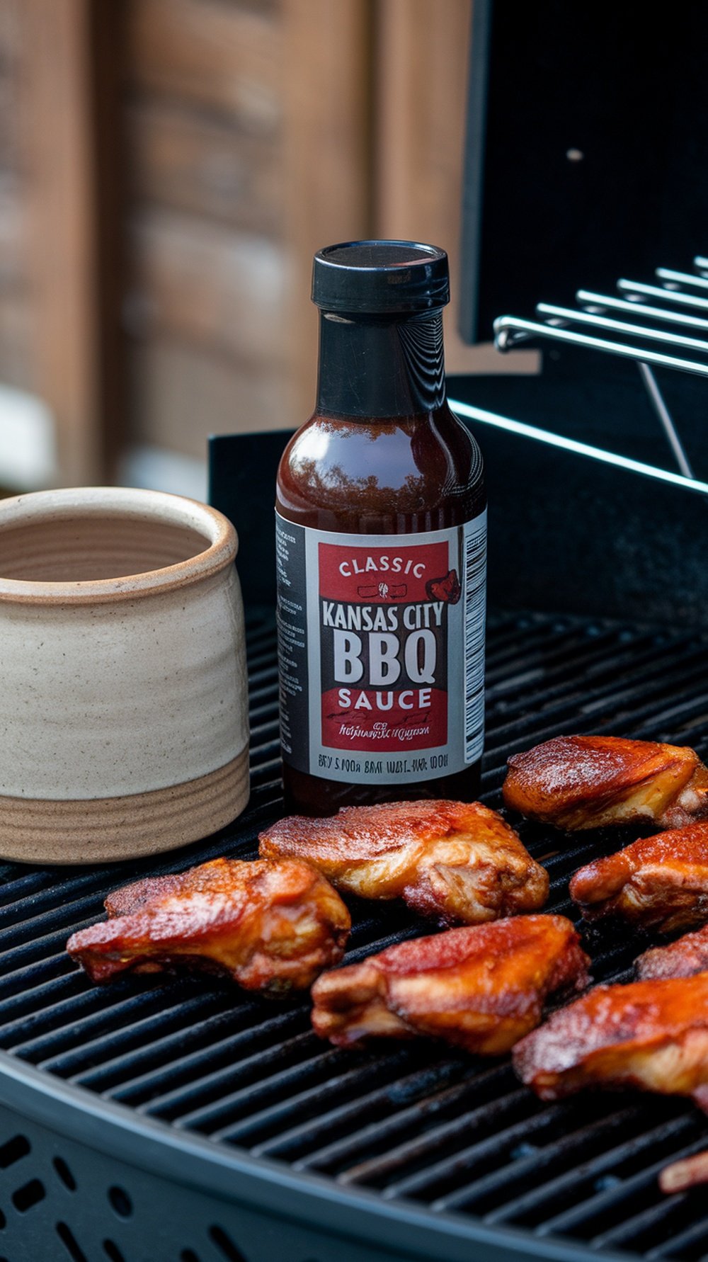 A bottle of Classic Kansas City BBQ sauce with grilled chicken wings on a BBQ grill.