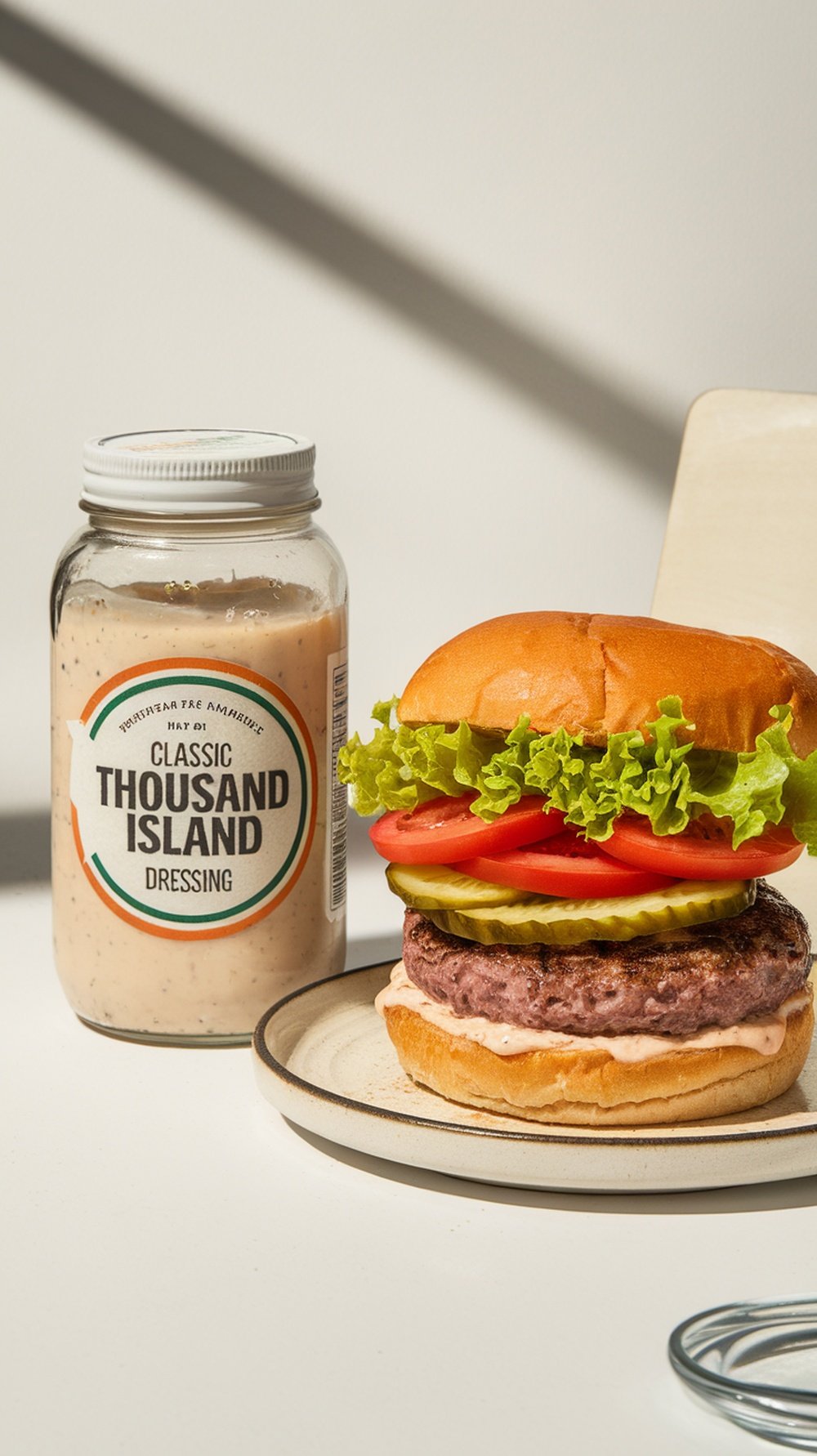 A burger topped with lettuce, tomato, and pickles next to a jar of Classic Thousand Island dressing