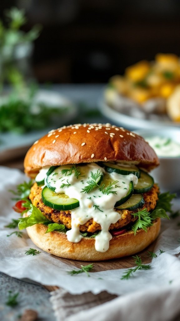 A delicious hamburger topped with tzatziki sauce, cucumbers, and herbs.