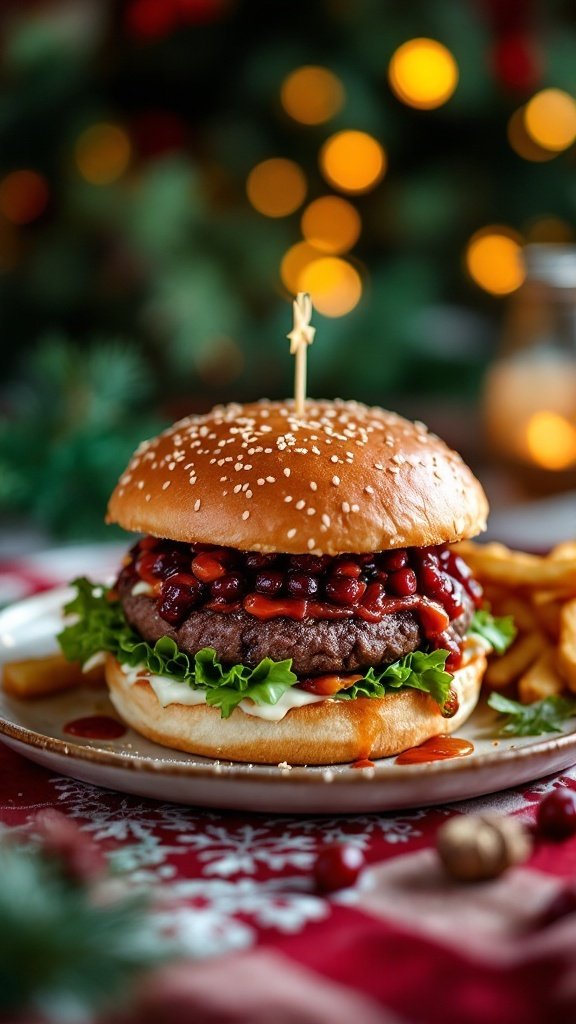 A delicious hamburger topped with cranberry chipotle chutney, lettuce, and served with fries.