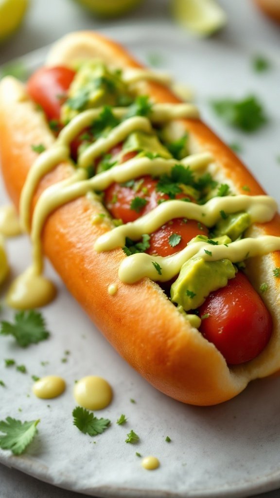 Creamy avocado and lime drizzle on a hot dog