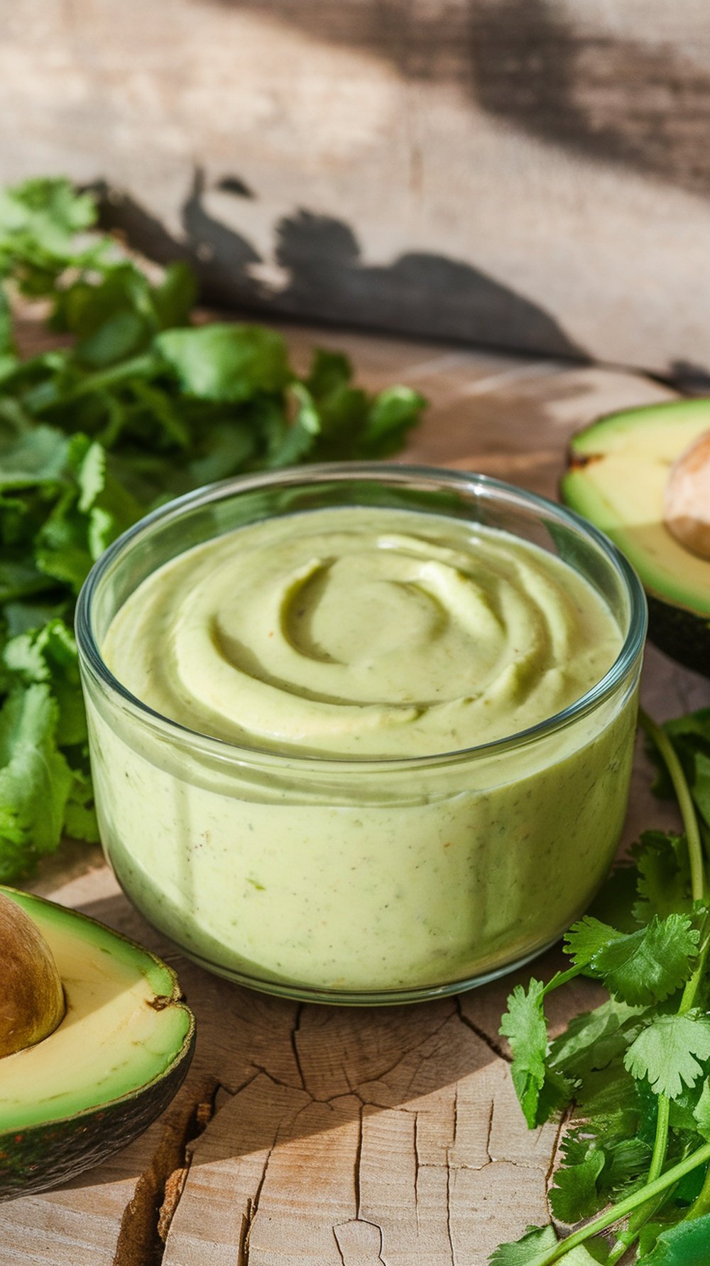 A bowl of creamy avocado cilantro dressing surrounded by fresh cilantro and avocado halves.