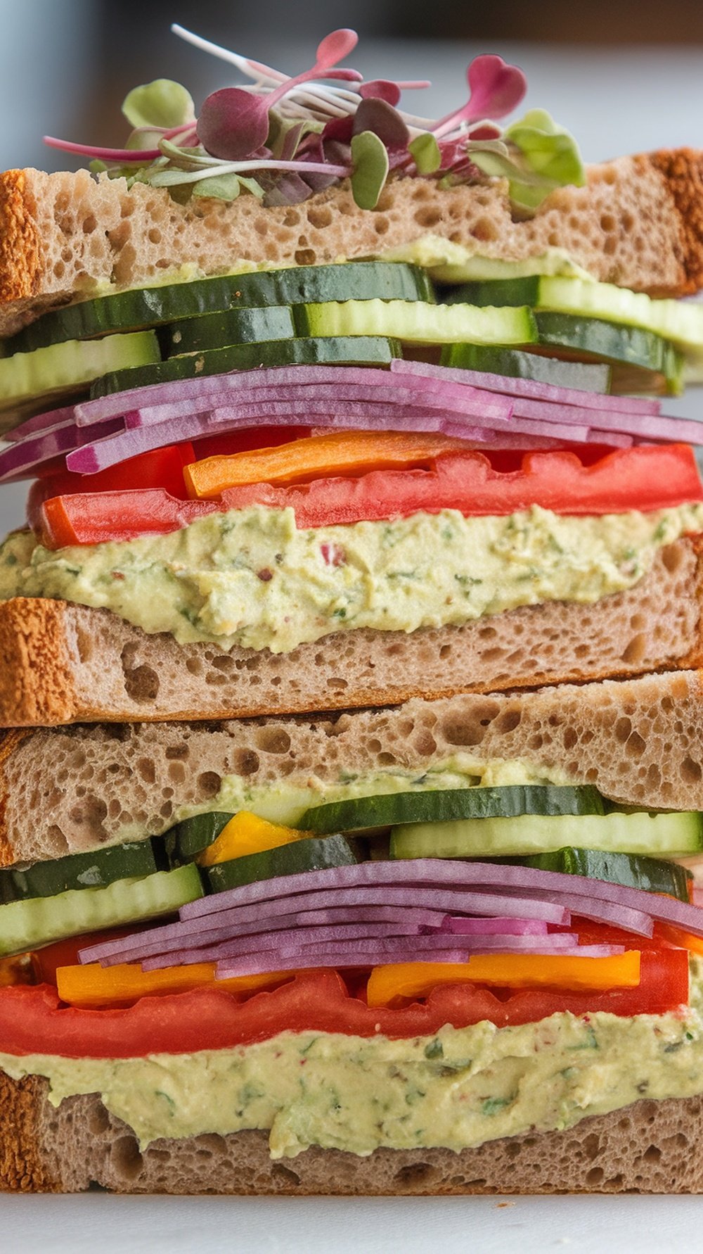 A layered sandwich featuring creamy avocado cilantro spread, cucumbers, bell peppers, and tomatoes on whole grain bread.