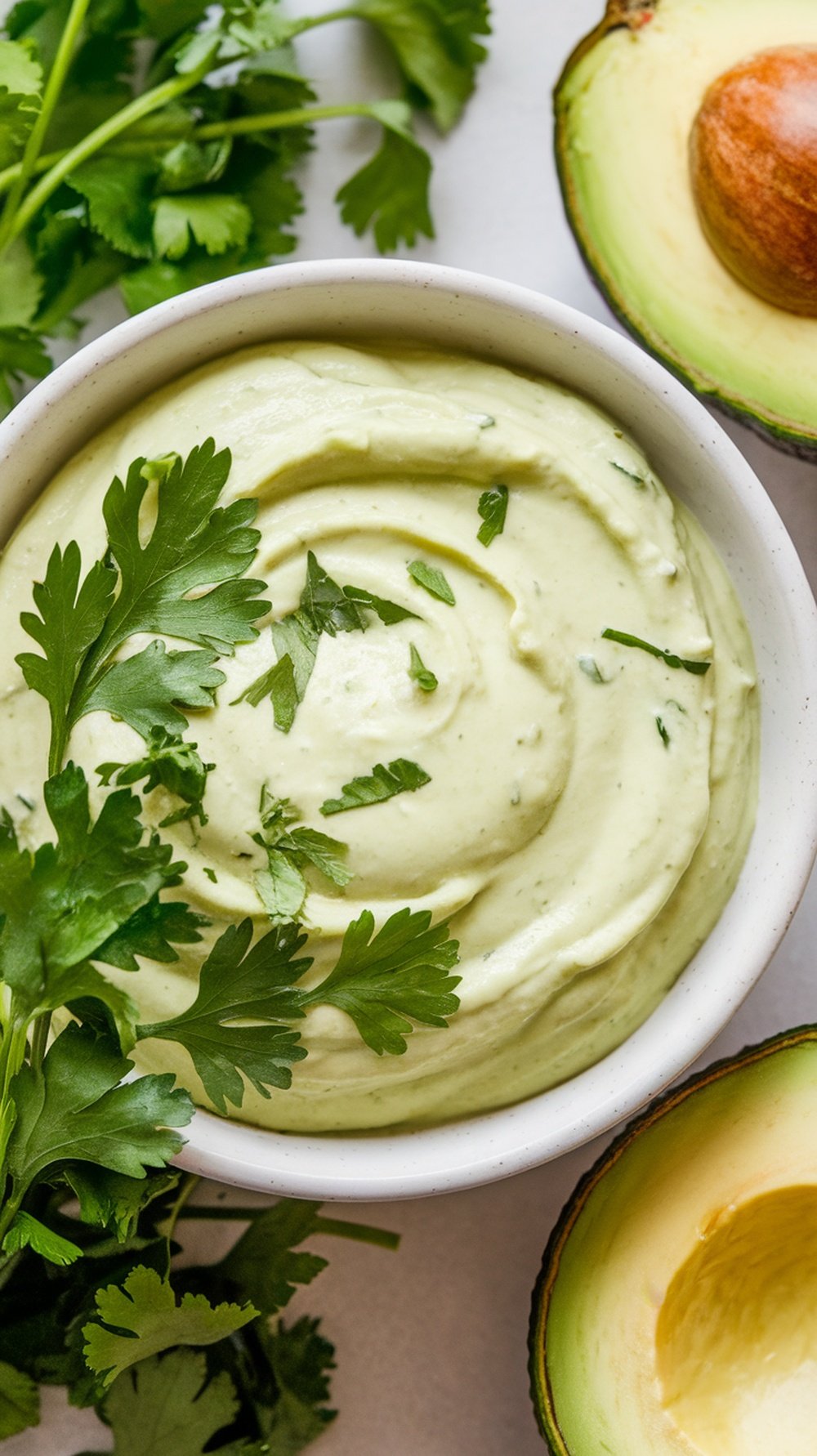 Creamy avocado dressing in a bowl with fresh cilantro.