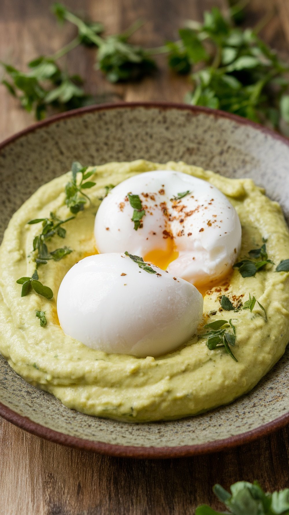 A plate featuring poached eggs resting on creamy avocado lime sauce, garnished with herbs.