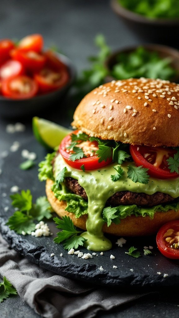 Creamy avocado lime sauce drizzled on a hamburger with fresh vegetables