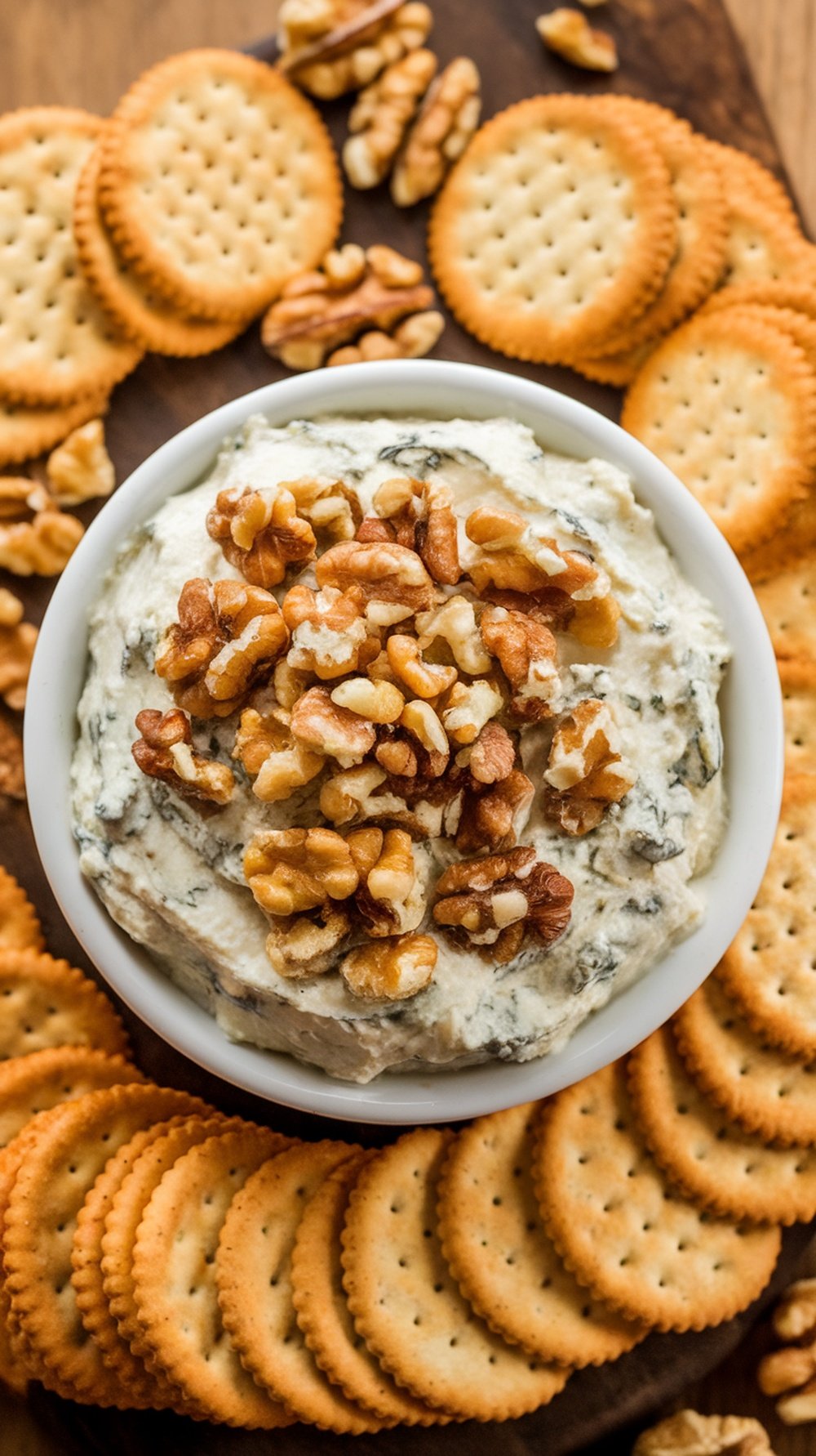 Bowl of creamy blue cheese and walnut dip surrounded by crackers and walnuts