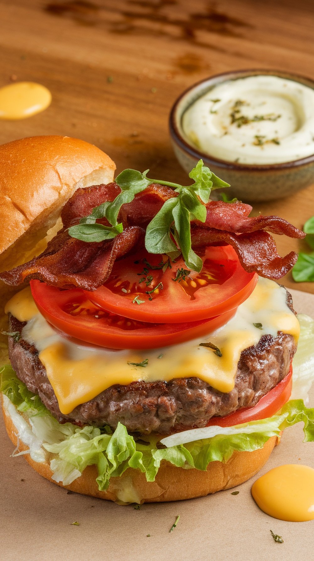 A delicious burger topped with lettuce, tomato, cheese, and bacon, with a side of creamy garlic aioli sauce.