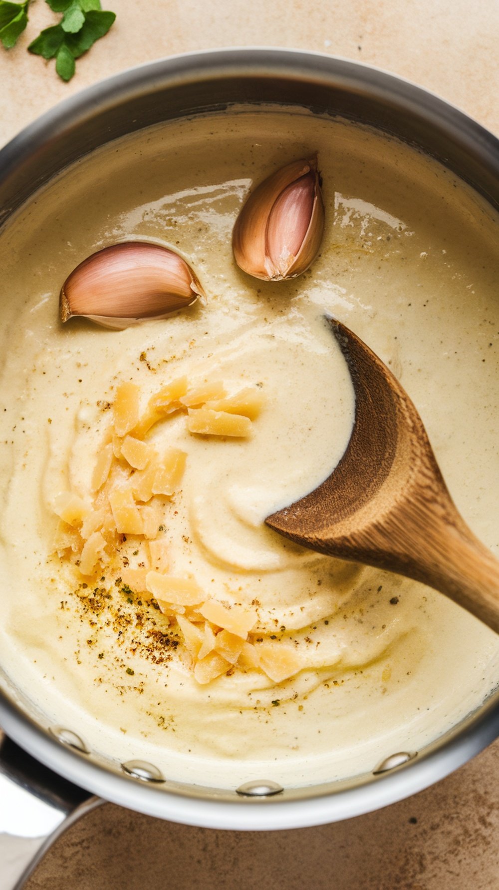 A creamy garlic Alfredo sauce being stirred in a pot with garlic cloves visible.