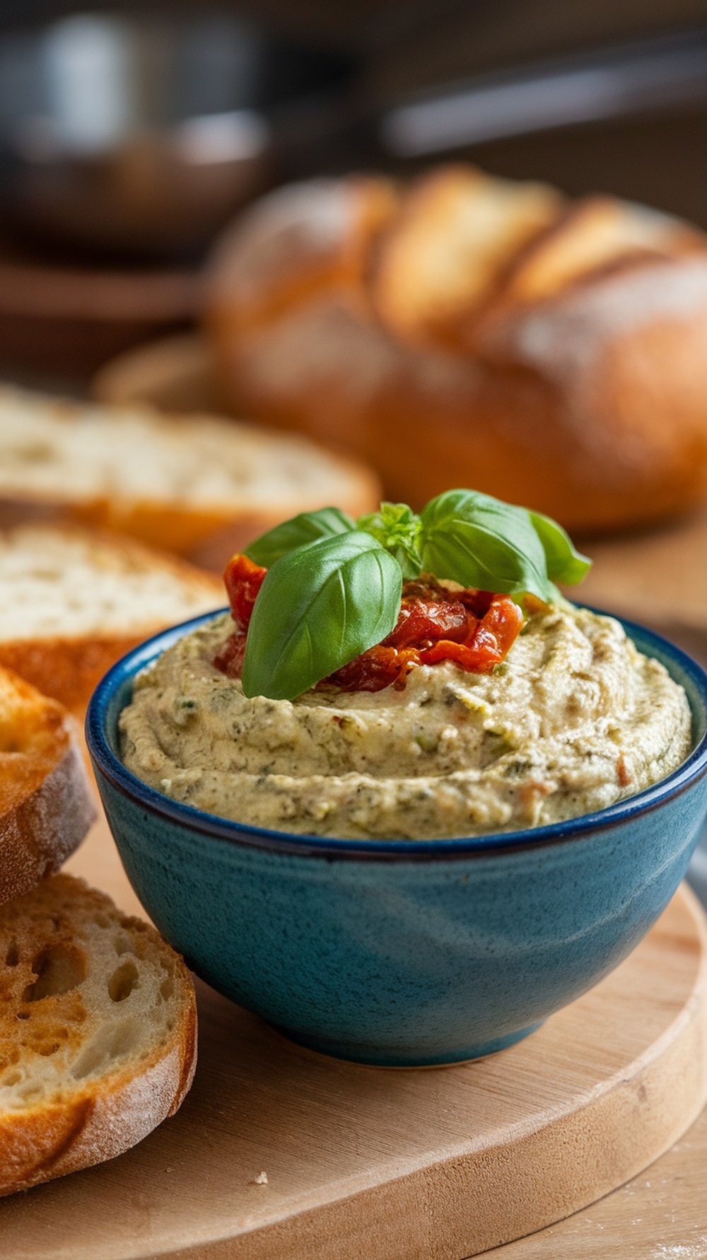 A creamy pesto and sun-dried tomato blend in a blue bowl, garnished with basil, with slices of toasted bread in the background.