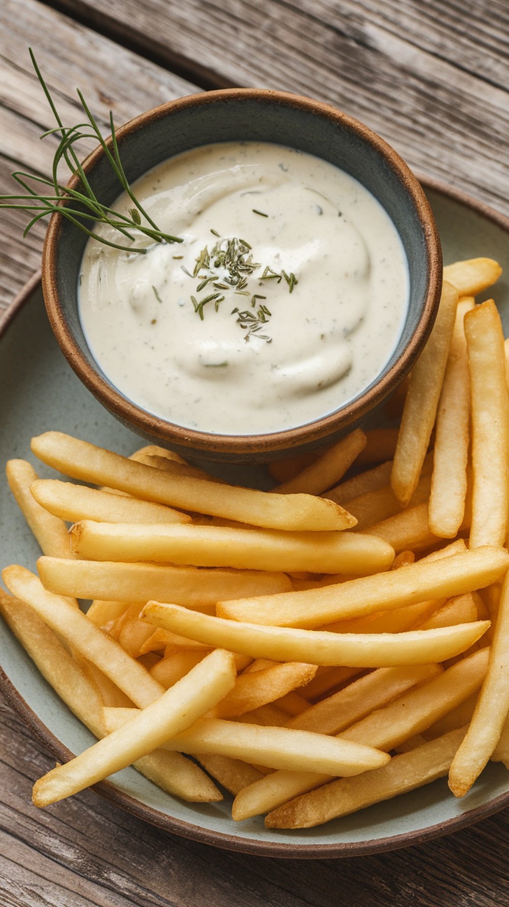 A bowl of creamy ranch dressing served with a plate of golden French fries.