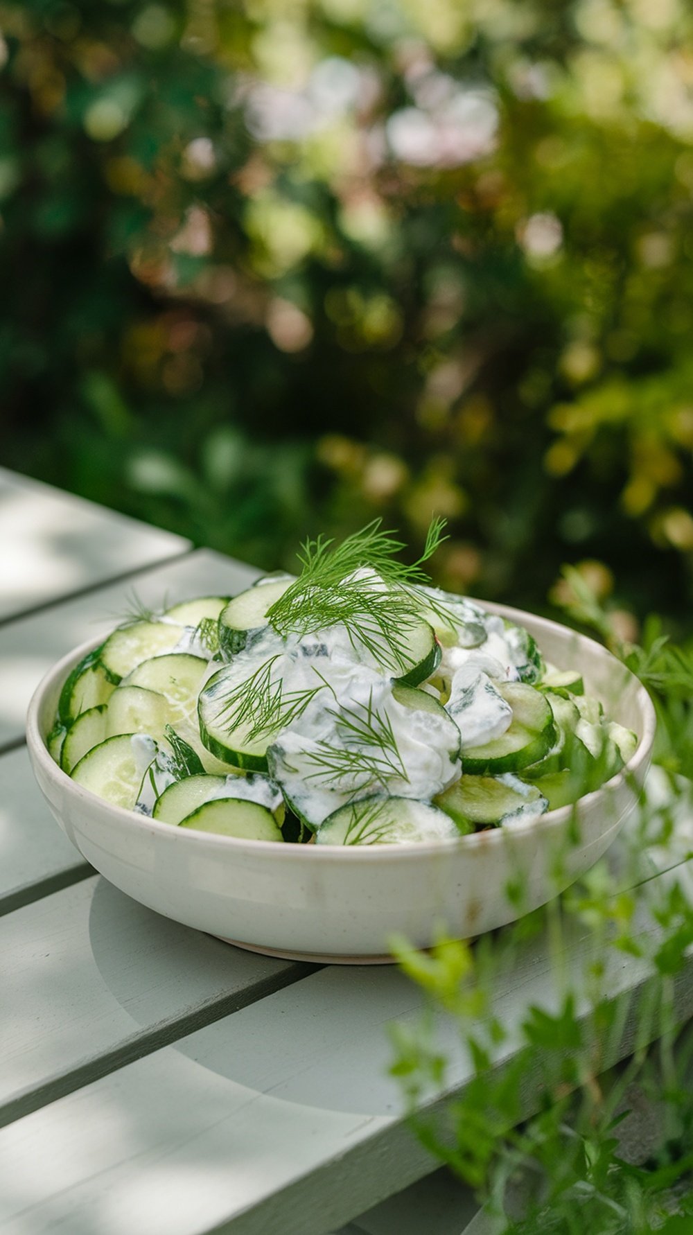 Cucumber salad with dill and yogurt in a bowl