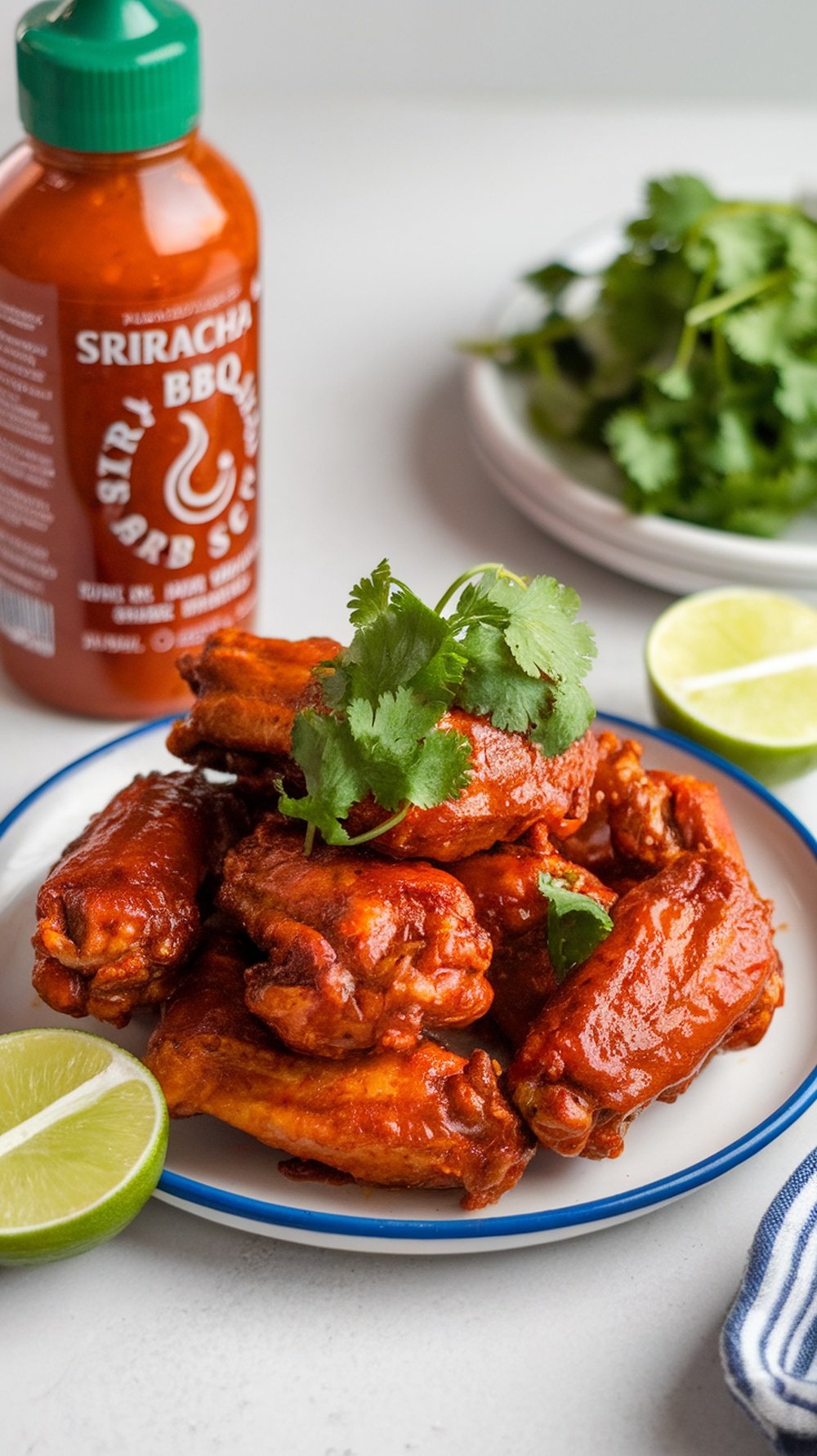 A plate of chicken wings topped with green cilantro and served with lime wedges, accompanied by a bottle of Sriracha BBQ sauce.