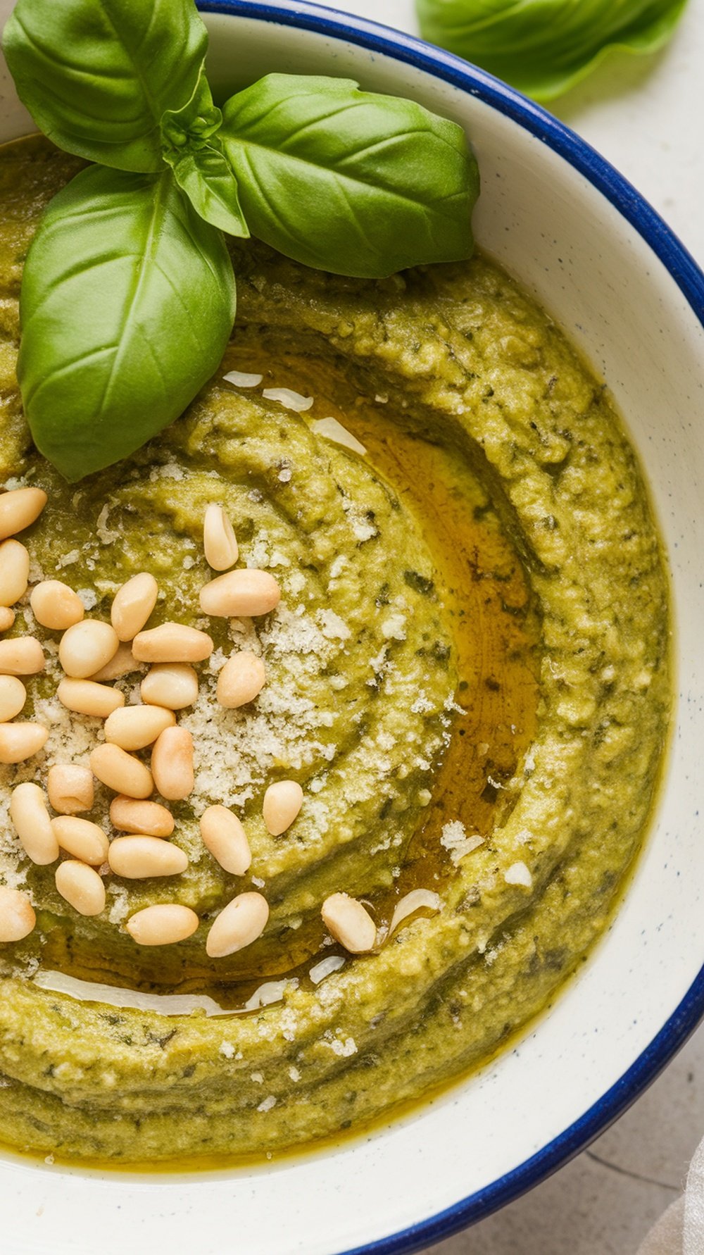 Bowl of garlic basil pesto topped with pine nuts and basil leaves.