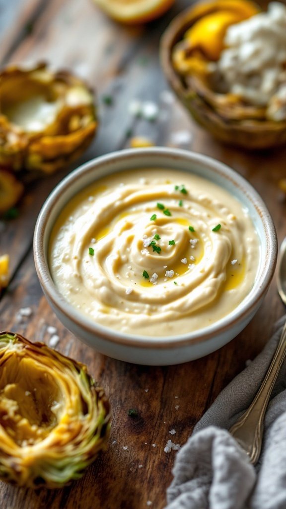 A bowl of creamy garlic lemon aioli with artichoke hearts on the side.