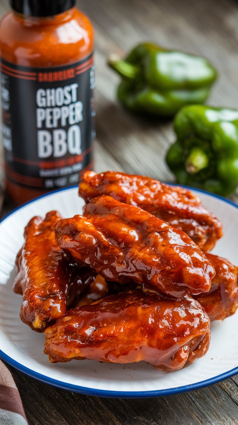 A bottle of Ghost Pepper BBQ sauce next to a plate of glazed chicken wings.
